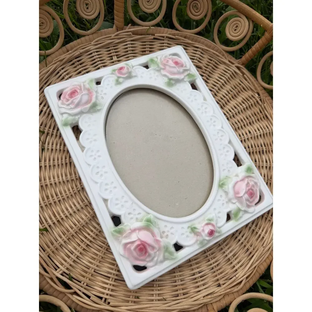 Vintage Elsa Porcelain Pink Rose Picture Frame Cottagecore Shabby Chic Floral